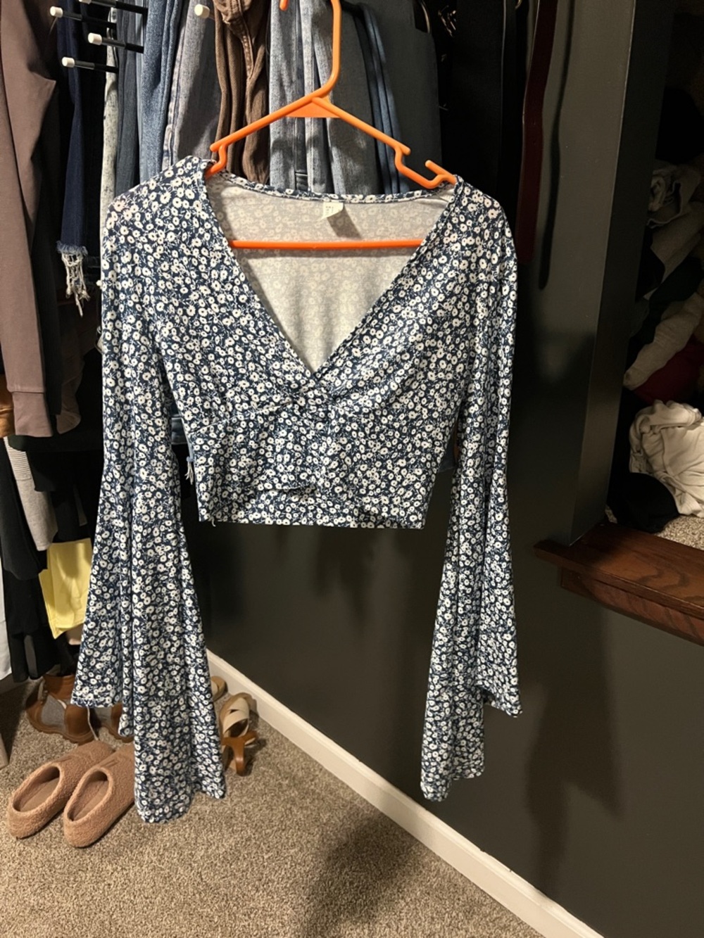 Floral V-Neck Bell Sleeve Crop Top - Blue